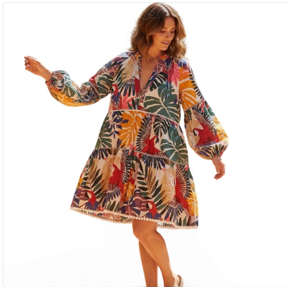 FARM Rio Multicolor Long Sleeve Dress Macaw Mini DressXS EUC Resortwear Vacation - Picture 11 of 11